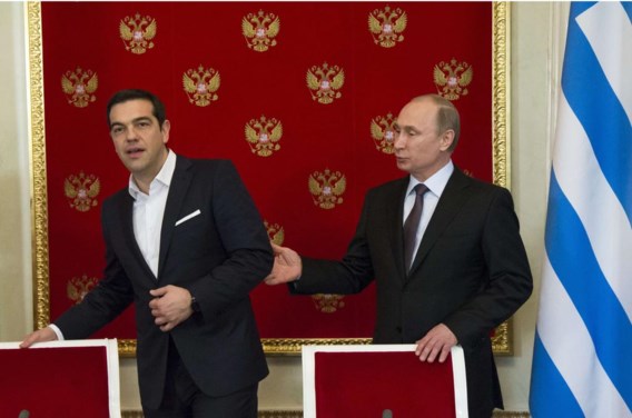 De Griekse premier Alexis Tsipras, dinsdag in het Kremlin op bezoek bij Vladimir Poetin.