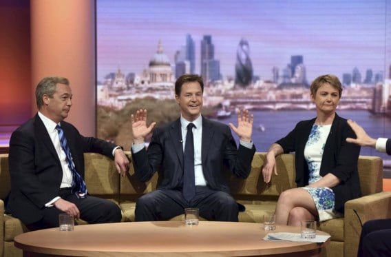 Nick Clegg (centraal, geflankeerd door Nigel Farage van de UK Independence Party en Yvette Cooper van Labour) verklaarde zich op de BBC bereid tot een referendum over het EU-lidmaatschap, maar niet zonder voorwaarden.