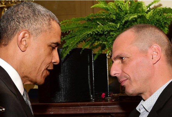 De Amerikaanse president Barack Obama met de Griekse minister van Financiën Yanis Varoufakis. Amerika vreest dat een Grexit de wereld in een economische crisis stort. 