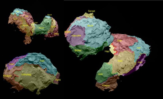 Met de waarnemingen van Philae en Rosetta maakten de onderzoekers een eerste landkaart van de komeet. Alle gebieden dragen namen uit de Egyptische mythologie. Philae ligt net achter de rand van Hatmehit, ongeveer waar in dit zicht Bastet eindigt. 