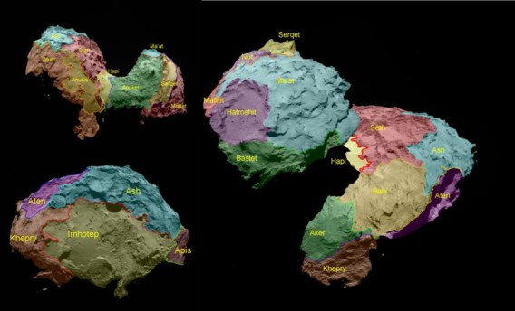 Met de waarnemingen van Philae en Rosetta maakten de onderzoekers een eerste landkaart van de komeet. Alle gebieden dragen namen uit de Egyptische mythologie. Philae ligt net achter de rand van Hatmehit, ongeveer waar in dit zicht Bastet eindigt.