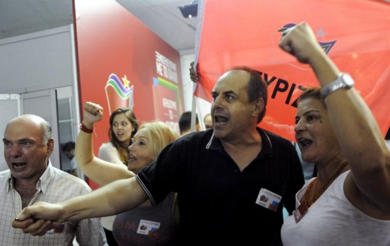 Grote vreugde bij de Syriza-militanten in hun verkiezingshoofdkwartier in Athene gisteravond.