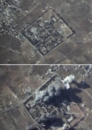 Door de Russen vrijgegeven videobeelden van een aanvalsactie (voor en na) tegen IS-stellingen in Idlib.