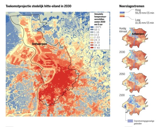 Het kaartje bovenaan geeft het verwachte hitte-eiland-effect in 2030 weer. In vergelijking met 2013 is het eiland niet alleen flink gegroeid, de temperatuursverschillen met het platteland nemen ook toe.De kaartjes hiernaast geven de plaatsen weer waar gemiddeld om de vijf jaar zware onweders kunnen plaatsvinden die kunnen leiden tot wateroverlast. De KU Leuven vertrok hier van het meest pessimistische klimaatscenario.
