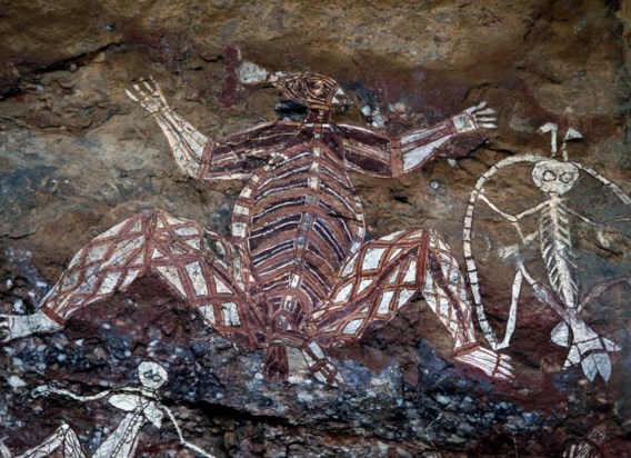 In het Australische Kakadu-park maken de Aboriginals al twintigduizend jaar tekeningen. Deze is van de jaren 1960.