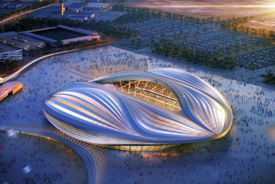 In wijzerzin: de bouw van het Al-Wakrah- stadion zou het niet te nauw nemen met de werkomstandigheden, grondplan van het Dubrovka Station met vloeiende lijnen, het Havenhuis in Antwerpen en het Guangzhou Opera House.