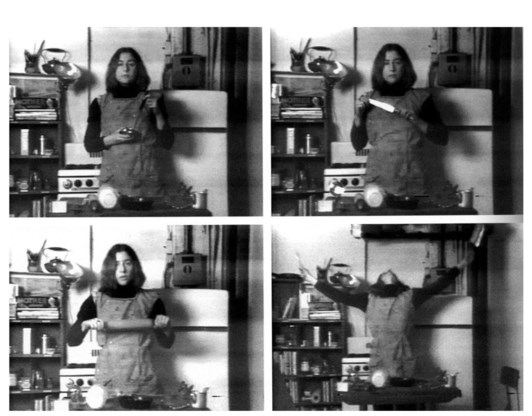 ‘Semiotics of the kitchen’ van Martha Rosler: gewoon eens op Youtube bekijken.