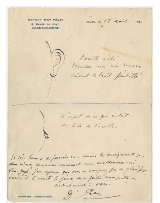Brief van dokter Félix Rey met twee tekeningetjes: boven geeft hij aan wat Van Gogh precies van zijn oor afsneed, onder toont hij wat er van het oor overbleef.