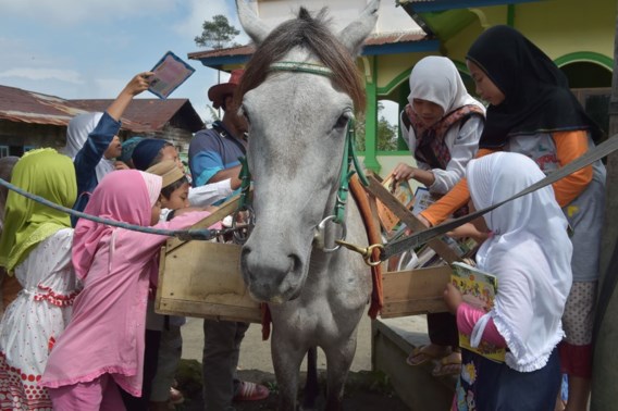 <p>De kinderen en volwassenen uit Serang zijn dolblij als de paardenbibliotheek voorbijkomt. Vers leesvoer!<span class="credit">afp</span></p>