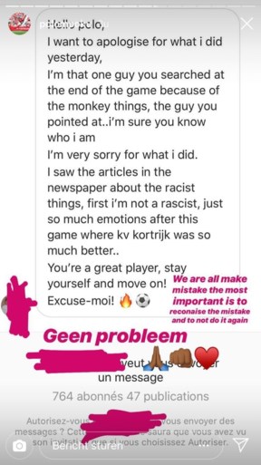 Mpoku aanvaardt excuses van Kortrijk-fan die apengebaren maakte: “We maken allemaal fouten”
