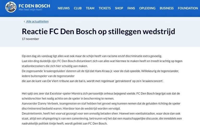 FC Den Bosch biedt dan toch excuses aan na racismerel: ‘We hebben de plank volledig misgeslagen’