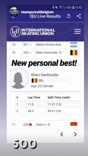 Stien Vanhoutte verbetert Belgisch record op 500 meter op Wereldbeker schaatsen in Kazachstan