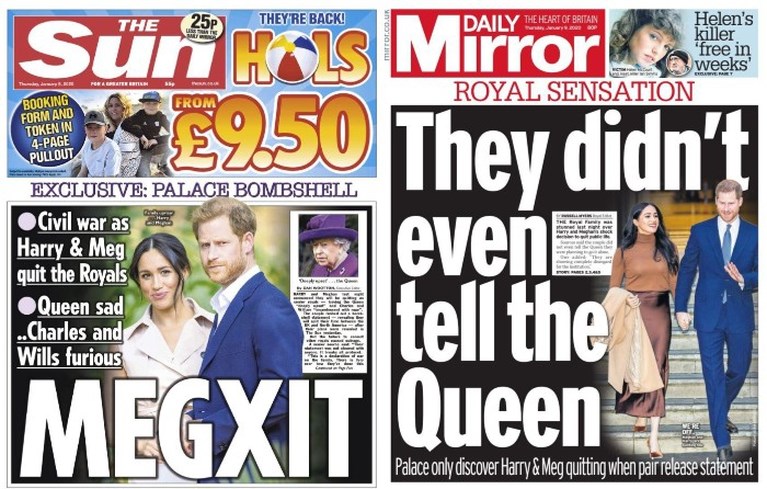 Britse kranten over ‘Megxit’ van Harry en Meghan: ‘Bedroefde Queen wist van niets, Charles en William zijn woedend’