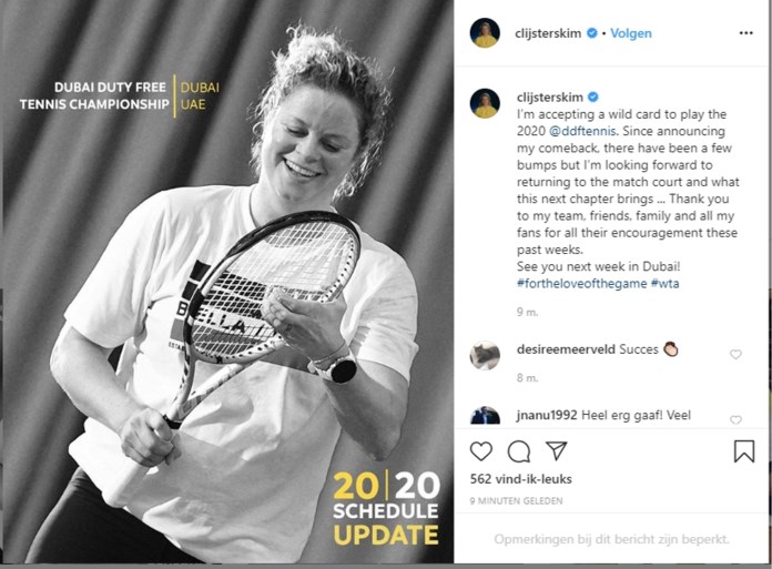 Kim Clijsters vervroegt haar officiële terugkeer: ze speelt volgende week in Dubai