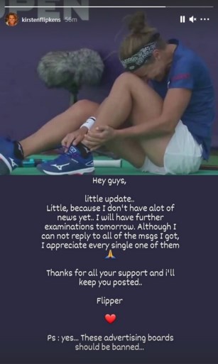 Kirsten Flipkens geeft update over blessure na lelijke valpartij: “Trouwens, die reclameborden moeten ze verbieden”