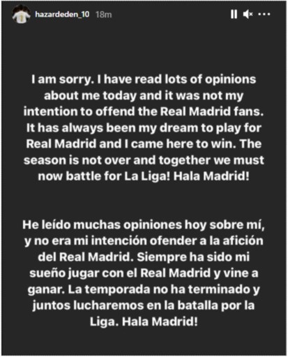 Eden Hazard verontschuldigt zich: ‘Nooit mijn bedoeling fans Real te beledigen’