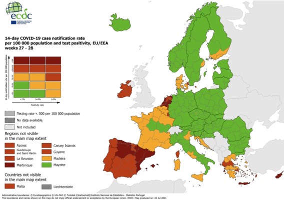 Brussel rood, Nederland donkerrood op Europese kaart