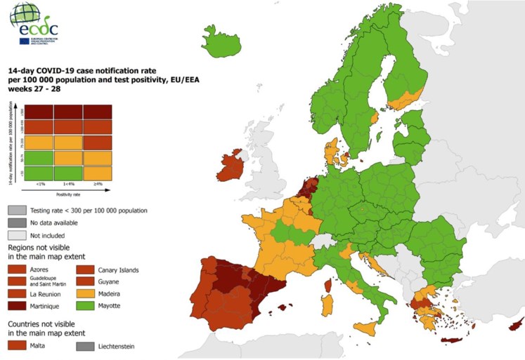 Steeds minder groen op Europese coronakaart: helft van Frankrijk kleurt rood, Italië bijna helemaal oranje