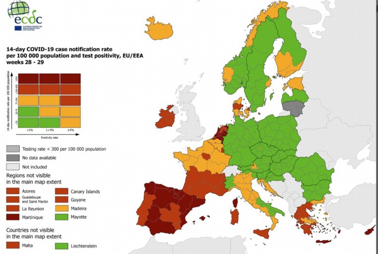 Steeds minder groen op Europese coronakaart: helft van Frankrijk kleurt rood, Italië bijna helemaal oranje