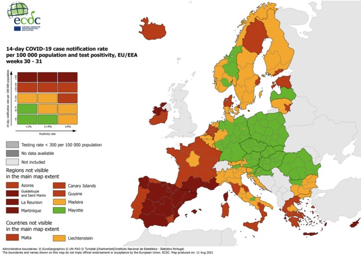 Vlaanderen blijft nipt oranje, vrijwel heel Frankrijk kleurt rood op Europese coronakaart