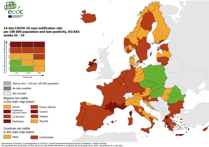 Vlaanderen kleurt rood op Europese coronakaart