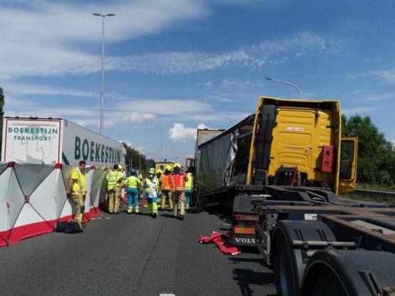Bestelwagen geplet tussen twee vrachtwagens op E17: bestuurder overleden