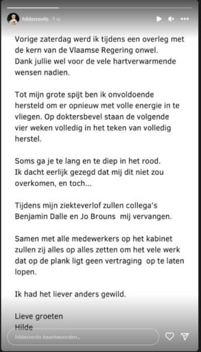Hilde Crevits nog maand buiten strijd